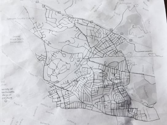 Hand-traced map of Belmont based on running every street